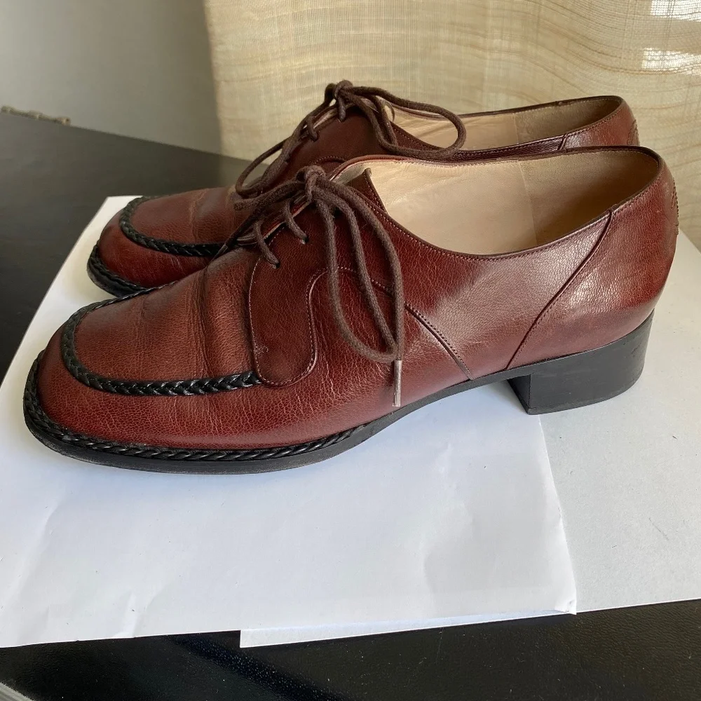 Chanel brown loafers laced black leather dress shoes moccasins 35 France oxfords - Picture 4 of 12